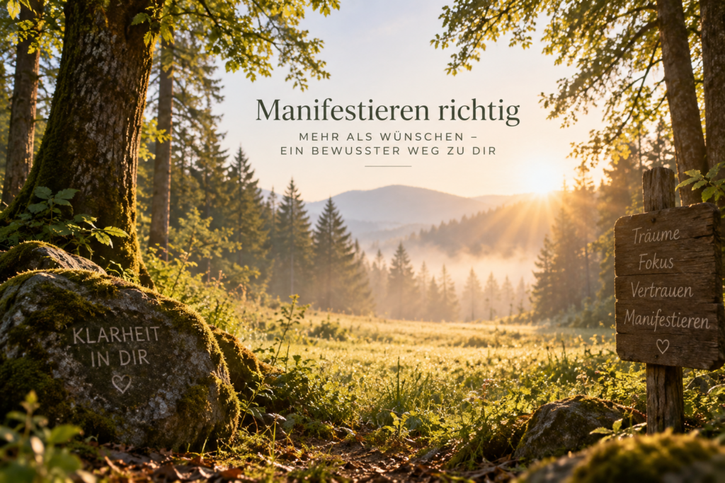 Manifestieren richtig — stille Waldlichtung im Morgenlicht als Sinnbild für Klarheit