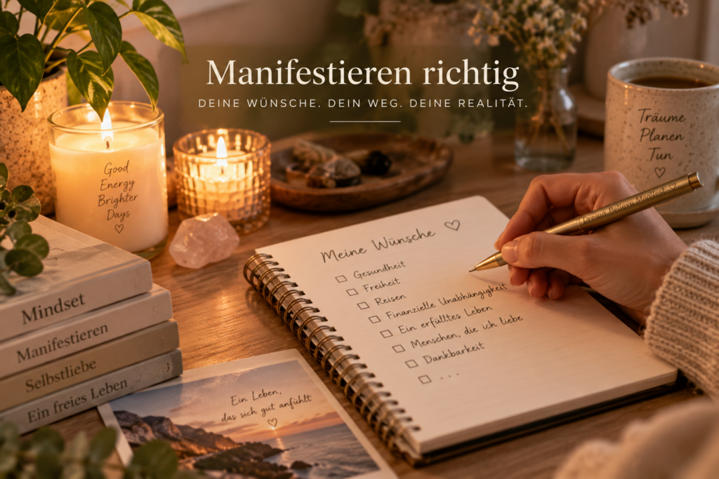Manifestieren richtig — Hand schreibt Wünsche in ein Notizbuch bei Kerzenlicht