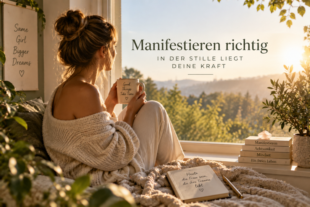 Manifestieren richtig — Frau sitzt still im Morgenlicht am Fenster